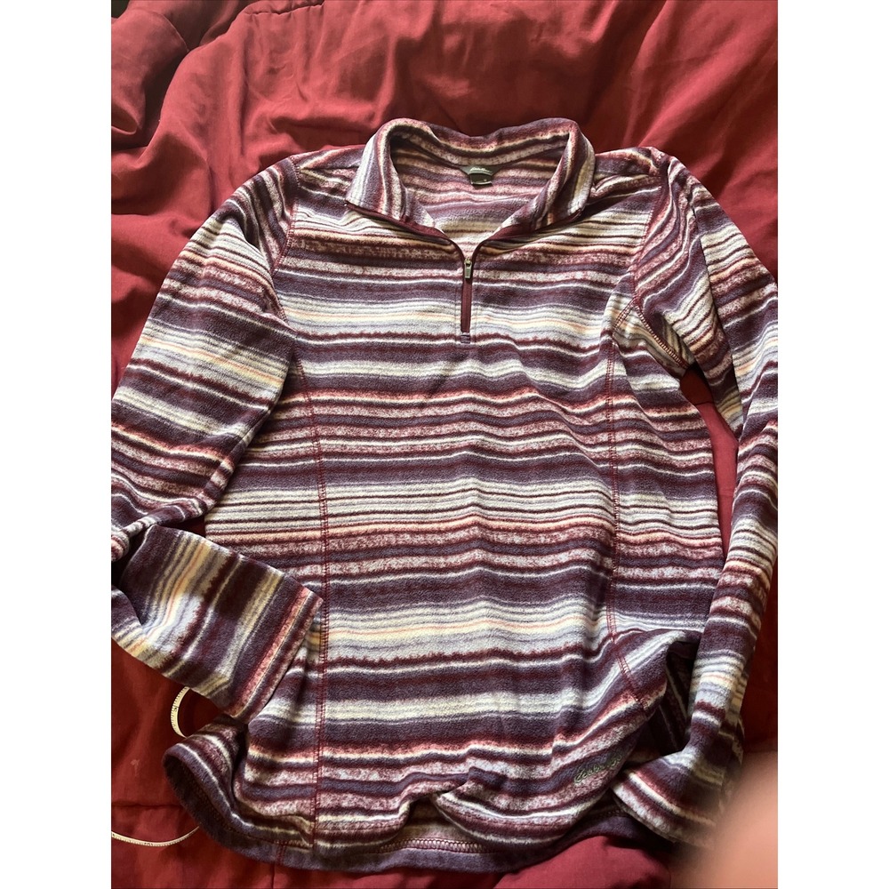 Eddie Bauer Womens Burgundy Striped Fleece Quarter Zip Pullover M D3959381